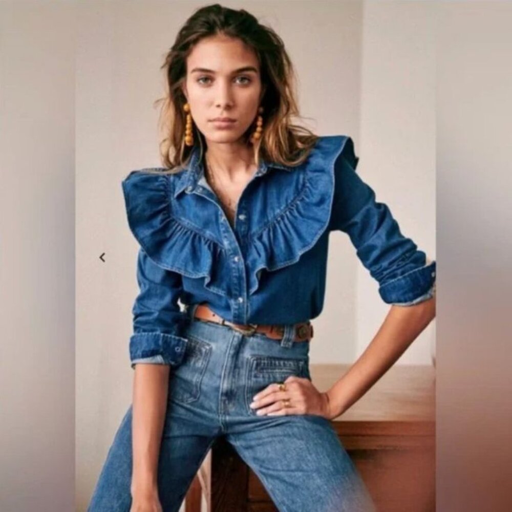 Sézane Matty blouse in denim blue, size 38 ~ pre-owned!